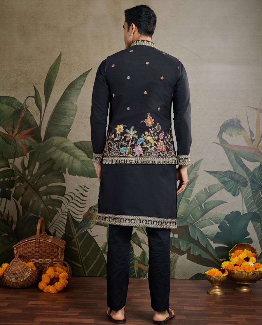 61231-black - Embroidery Black Cotton Kurta & Koti Jacket